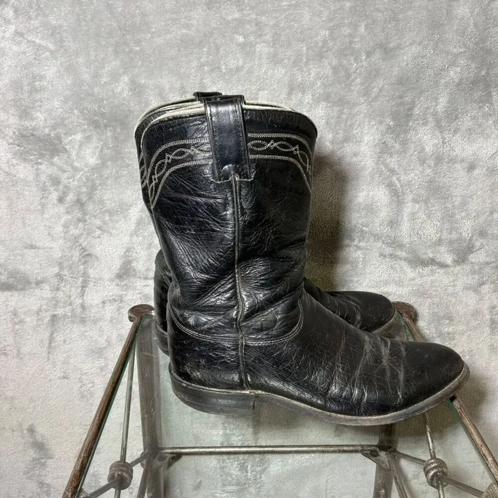 VTG Justin Ostrich Black Roper 3172 Style Cowboy Boots Mens Size 7 E USA